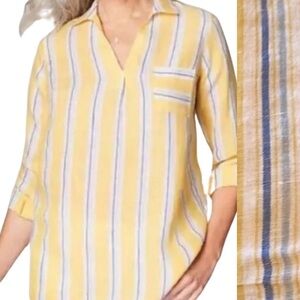 J Jill Love Linen V-Neck Striped Popover Top Medium